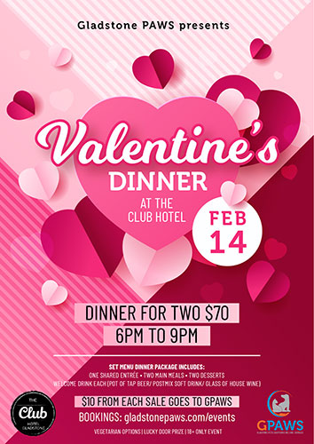 Valentine s Day Dinner for Gladstone PAWS Fri 14 Feb Gladstone