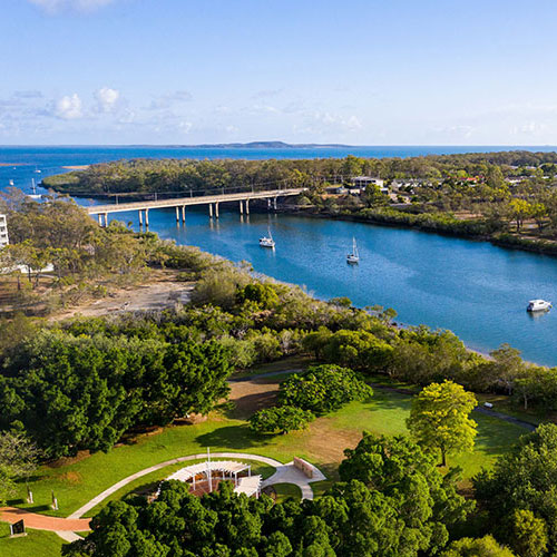 Aerial view of the Boyne River looking towards the ocean