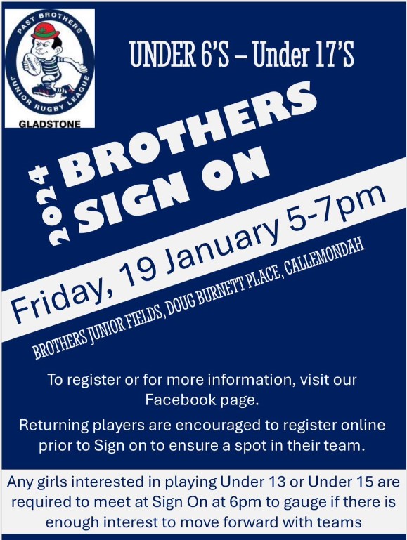 Past brothers junior rugby league sign on day flyer