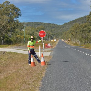 Road works stop sign